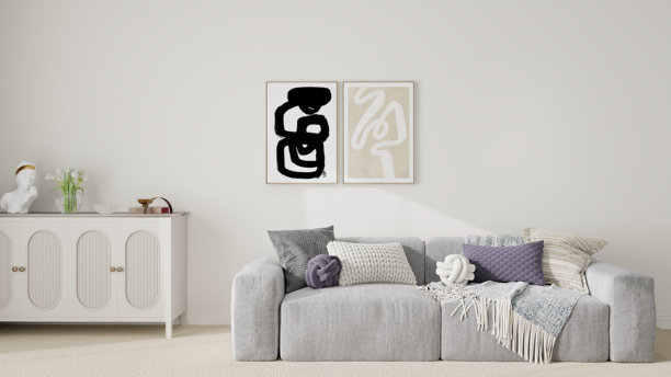 现代简约风格的客厅，采用中性色调，配有白色和米色家具、木质装饰、抽象墙面艺术，以及落地窗和轻薄窗帘。明亮宽敞的室内环境。图片下载