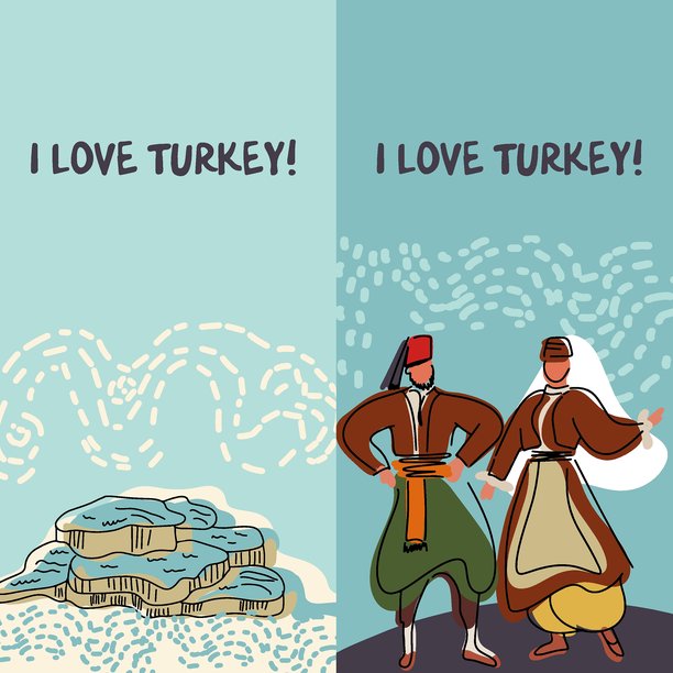 土耳其风景垂直背景，穿着传统土耳其服装的男女，棉花堡，手绘矢量线条插图。图片下载