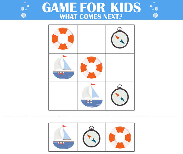 接下来是什么？儿童逻辑谜题。海洋主题。找到正确的下一张图片。简单的谜语娱乐儿童。图片下载