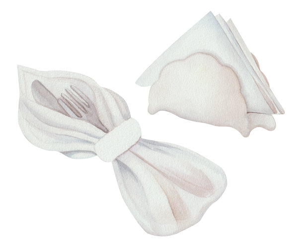 水彩画风格的陶瓷餐巾架、叉子和刀子，包裹在柔软的餐巾中。优雅的餐桌布置插图，背景为白色。非常适合厨房装饰和餐饮设计项目。图片下载