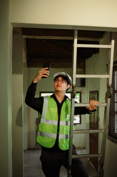 建筑工人站在梯子旁，拍摄翻新工地的照片图片下载