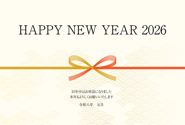 2026年马年简单的新年贺卡，背景为日本图案，配有水引和马，适合新年明信片的素材。图片下载