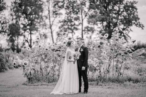 新郎新娘在向日葵田前深情相拥，黑白照片展现了宁静浪漫的乡村婚礼场景。图片下载