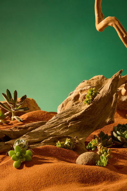 古老树皮的竖直照片，带有长条纹和锋利的边缘。多肉植物和沙漠植物在沙子上生长，周围是圆形卵石。后面的巨大岩石像山一样耸立。图片下载