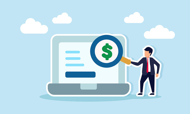 商人手持放大镜检查笔记本电脑屏幕上的美元符号，插图描绘数字金融监控与分析。图片下载