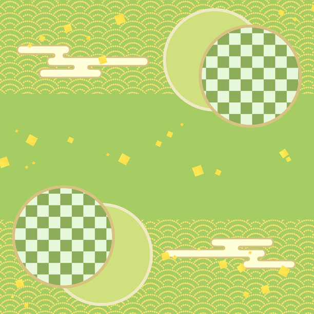 现代日本图案插图背景素材，带有绿色为主的青海波图案、圆形框架和金箔装饰。图片下载