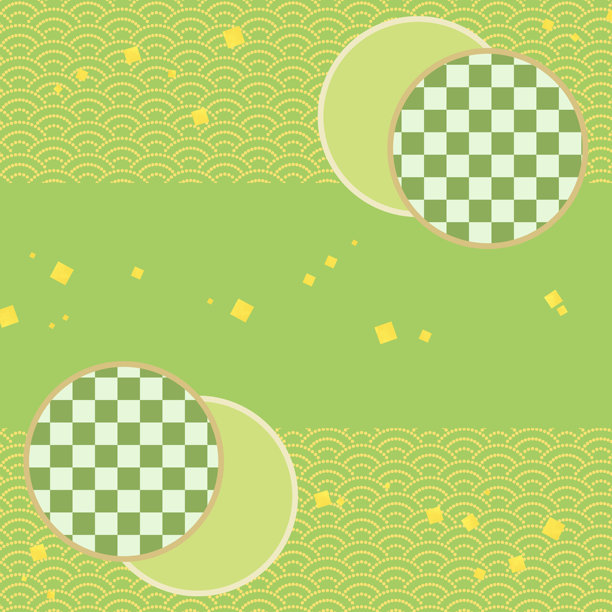 现代日本图案插图背景素材，带有绿色为主的青海波图案、圆形框架和金箔装饰。图片下载