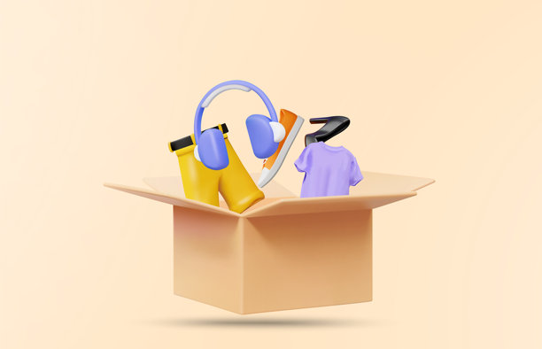 3D插图矢量渲染的打开的包裹盒，里面漂浮着衣物、鞋子和耳机。概念是在线购物和快速配送服务中的时尚与电子产品包裹递送。图片下载