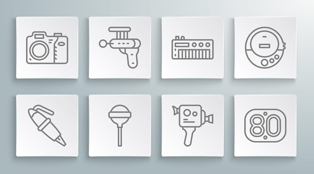 线条图：钢笔笔尖、射线枪、棒棒糖、复古电影摄影机、80年代、音乐合成器、CD播放器和照片图标。矢量图。图片下载