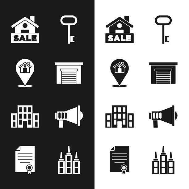 车库设置，带房子的地点，悬挂的“出售”标志，房屋钥匙，扩音器，摩天大楼和合同图标。矢量图。图片下载
