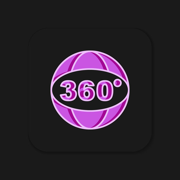 填充轮廓的360度视图图标，孤立在黑色背景上。虚拟现实。360度摄像机角度。全景照片。带阴影的平面填充轮廓风格。矢量图。图片下载