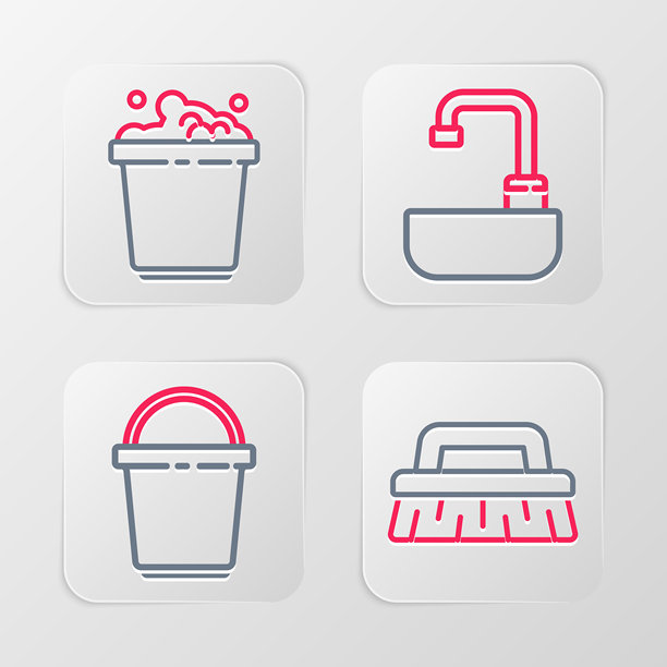 清洁用的刷子、桶、水龙头的洗脸盆和肥皂泡图标。矢量图。图片下载