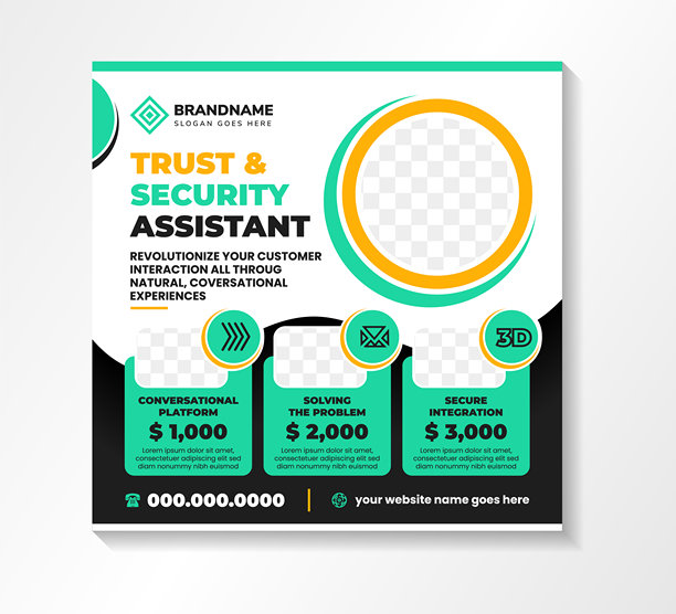 抽象设计社交媒体动态帖子横幅模板，标题为“信任与安全助手”。方形布局，白色和黑色背景上留有照片拼贴的空间。图片下载
