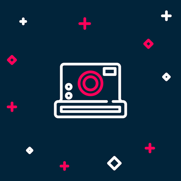 蓝色背景上的线条相机图标。照片相机图标。彩色轮廓概念。矢量图。图片下载