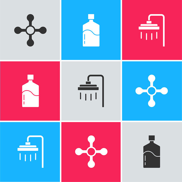 水龙头、装有清水的大瓶子和淋浴图标。矢量图。图片下载