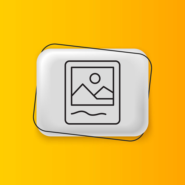 黑色相框图标，背景为黄色。复古空白照片框。银色矩形按钮。矢量图。图片下载