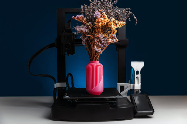 3D打印机与成品，广告照片打印物品。现代技术3D打印，留白空间。图片下载