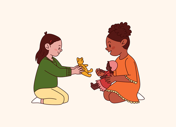 多种族女孩在幼儿园室内游乐室玩玩具的矢量插图图片下载