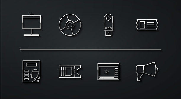 投影幕布、电影海报、票、在线视频播放、CD或DVD光盘、扩音器和USB闪存驱动器图标。矢量图。图片下载