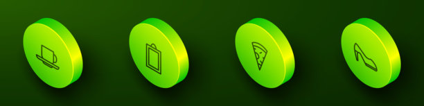 等距线咖啡杯、图片、披萨切片和女鞋图标。矢量图。图片下载