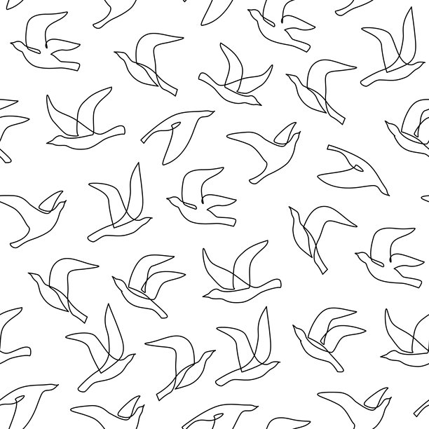 白色背景上的抽象飞鸟。鸽子和白鸽的线条画无缝图案。图片下载