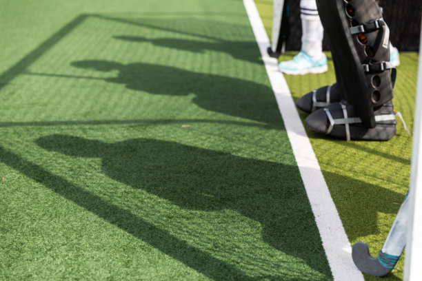 裁剪的曲棍球运动员在球门前的照片及其影子图片下载