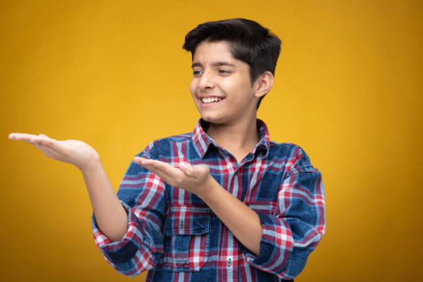 穿着格子衬衫的年轻男孩，背景为黄色，适合用作库存照片图片下载