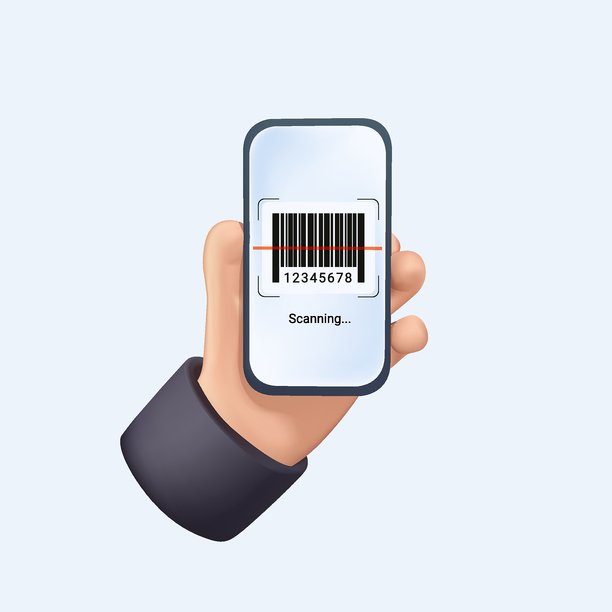 智能零售概念。条形码扫描。手部使用手机扫描超市产品信息。扫描二维码3D渲染图标与手机。仓库管理系统。图片下载