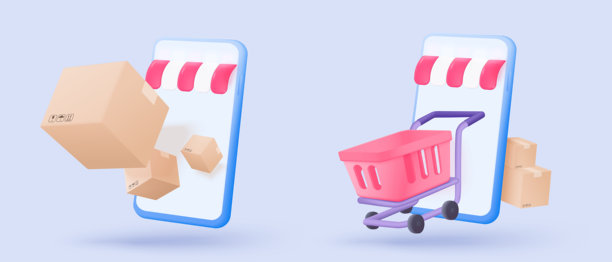 3D在线配送服务，手机交付追踪，手持移动设备进行货物追踪的概念。产品从智能手机中打包发货。物流图标3D矢量渲染插图。图片下载
