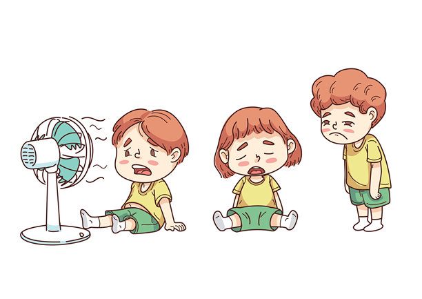 孩子们在夏季热浪中用风扇感到炎热的插图图片下载