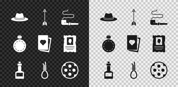 西部牛仔帽、交叉箭头、烟斗、塔巴斯科辣酱、绞刑绳圈、左轮手枪弹巢、水壶和扑克牌图标。矢量图图片下载