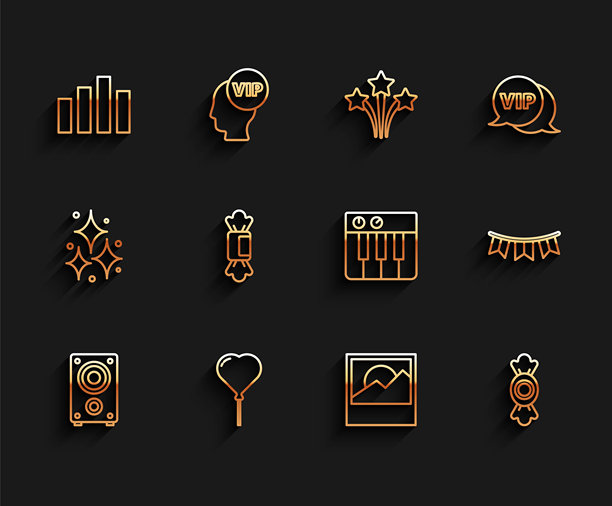 立体声扬声器，心形气球，音乐均衡器，照片，糖果，带旗帜的嘉年华花环和合成器图标。矢量图图片下载