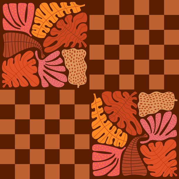 花卉植物剪切风格的曲线叶子，采用温暖的棕色、米色、橙色、黄色、珊瑚粉色的棋盘无缝图案，矢量插图，时髦现代复古的重复设计印刷。图片下载