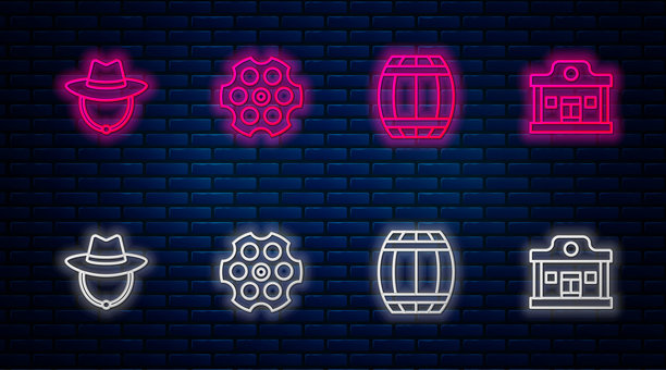 旋转手枪弹巢、火药枪管、西部牛仔帽和狂野西部酒吧的组合。砖墙上的发光霓虹图标。矢量图。图片下载