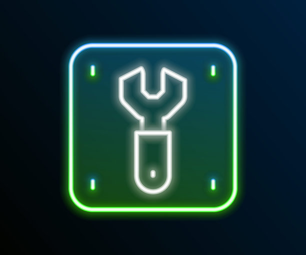 发光的霓虹线条铁路维修图标，背景为黑色。维修工作。翻新工作。标志和障碍带。彩色轮廓概念。矢量图。图片下载