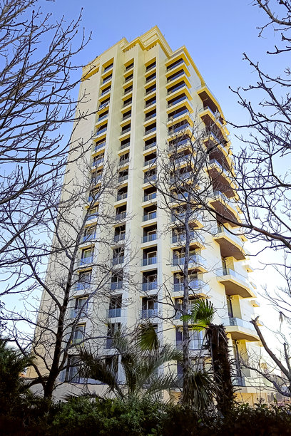 多层单体住宅建筑，带阳台，特写。竖版照片。图片下载