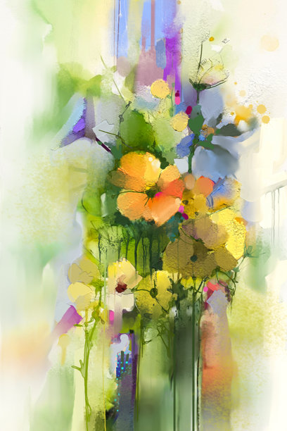 数字绘画。春天花卉的抽象彩色水彩画。手绘笔触在纸质纹理上。插图艺术作品，水彩花卉背景。图片下载