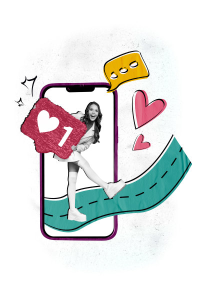 巨大的智能手机显示屏如心形短信邮件的3D照片拼贴合成图，年轻女性手持横幅通知走路。图片下载