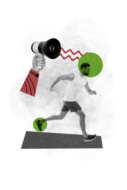 垂直照片拼贴，严肃的运动员在运动比赛中手持扩音器宣布获胜者投票，背景为涂鸦风格。图片下载