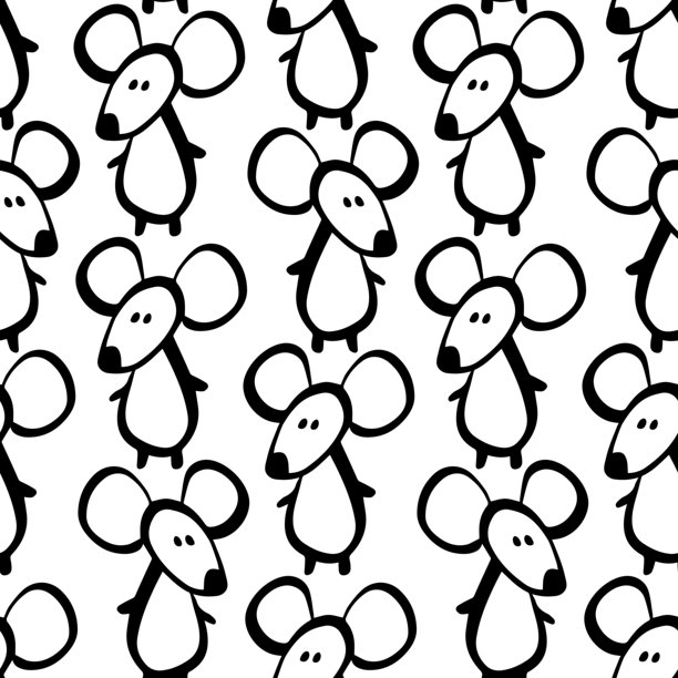 无缝涂鸦鼠标图案，黑白色 - 手绘卡通老鼠，耳朵大大的图片下载