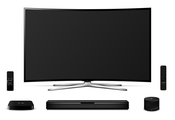 曲面电视屏幕、遥控器、音响条和其他电视设备图片下载