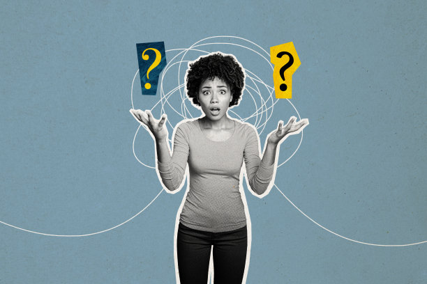 惊讶的美国女孩在涂鸦背景前思考困境，面临不确定的解决方案和决策，形成的拼贴照片。图片下载