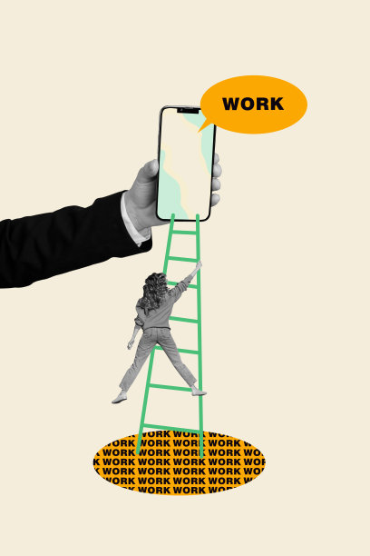 年轻女性候选人手持巨型手机，展示新工作空缺，走上楼梯的趋势艺术合成素描图像照片拼贴。图片下载