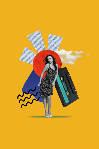 吸引人的女性卡带听音乐的复古插画拼贴3D图像，奇特的幻想广告漫画图片下载