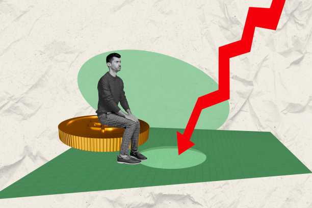 贫穷悲伤的商人合成照片拼贴，失去硬币，钱币箭头向下，美元通货膨胀，失败破产，孤立在涂鸦背景上。图片下载