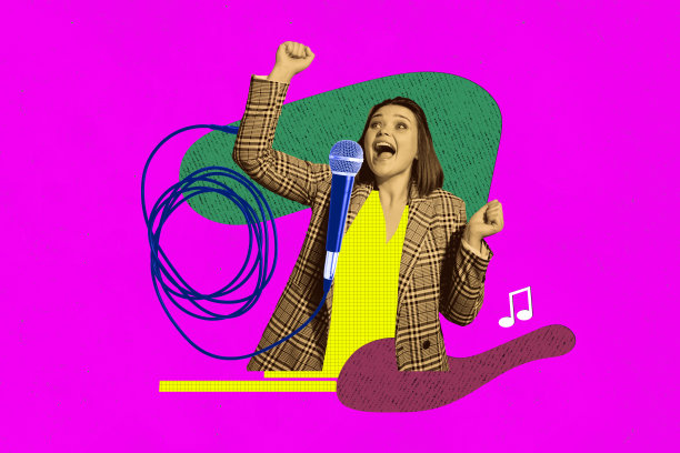 惊讶快乐的女孩在涂鸦背景下用麦克风尖叫，作为选举活动家唱歌，音乐会的音符拼贴照片合集图片下载
