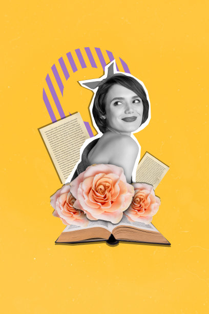 美丽女孩的竖版照片拼贴，收到三月节日礼物：玫瑰花和书籍，阅读爱好，幻想，背景为彩绘。图片下载