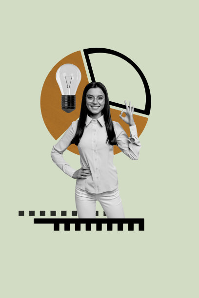 快乐女商人竖版照片拼贴，展示“好”的手势，灯泡创意概念图，工作成长，背景为涂鸦风格。图片下载