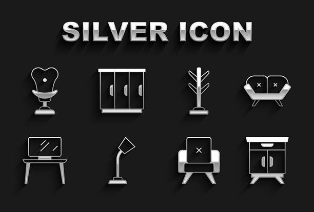 台灯、沙发、家具床头柜、扶手椅、电视柜、外套和衣柜图标。矢量图。图片下载