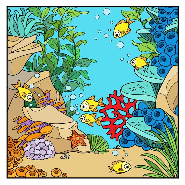 卡通水下世界，包含珊瑚、海绵、藻类和小鱼，适合涂色的多种颜色变化，背景为白色。图片下载